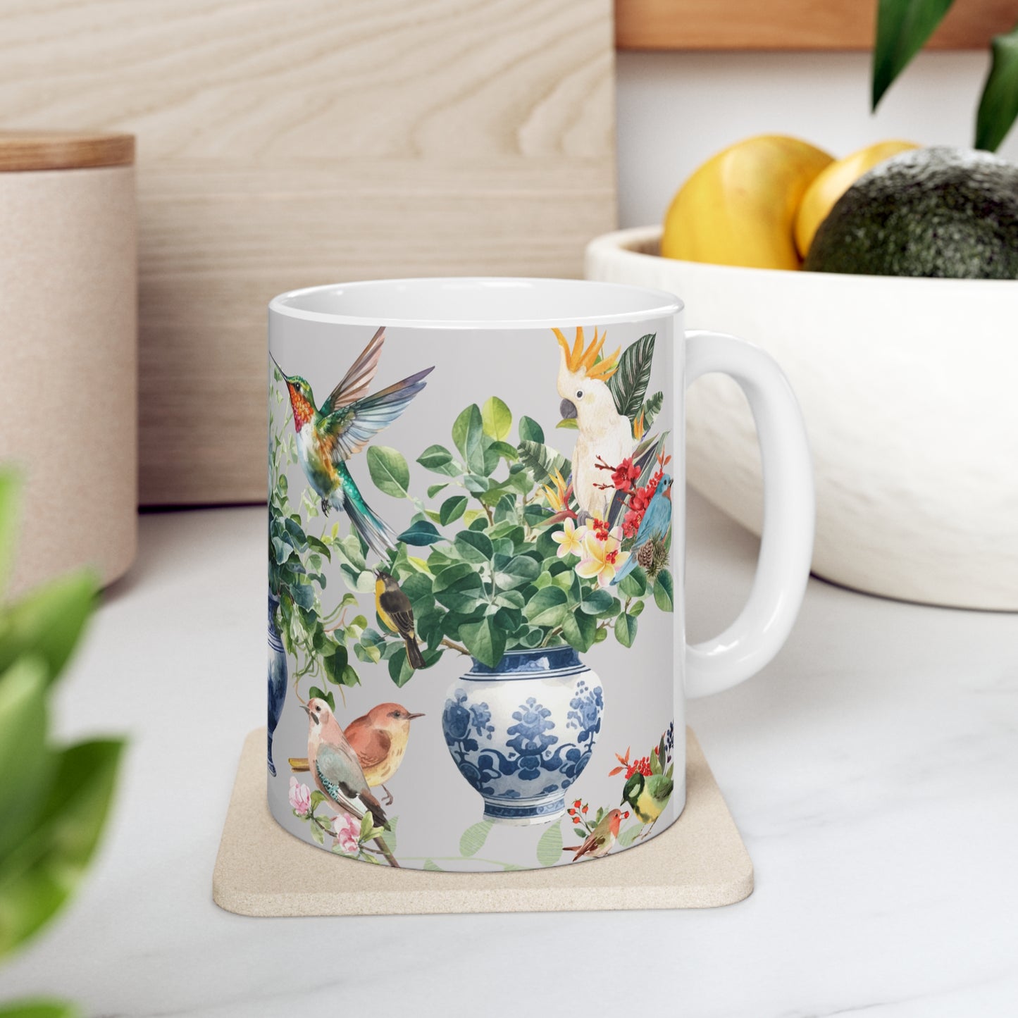 Modern Still Life Scene with Delft Blue Vases, House Plants, Birds and Bunny Ceramic Mug by ViralDestinations™