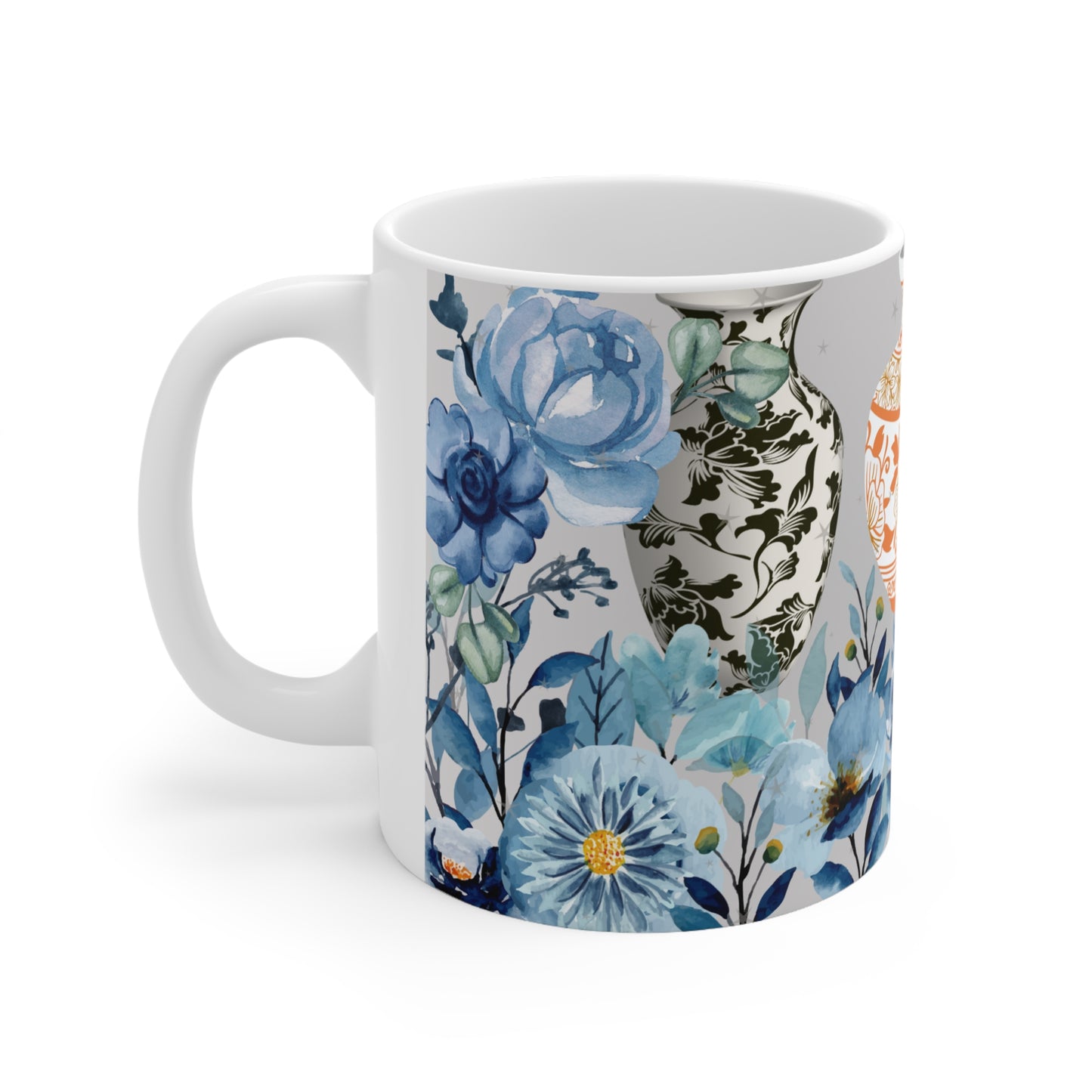 Modern Still Life Scene with Colored China Vases and Blue Flowers Ceramic Mug by ViralDestinations™