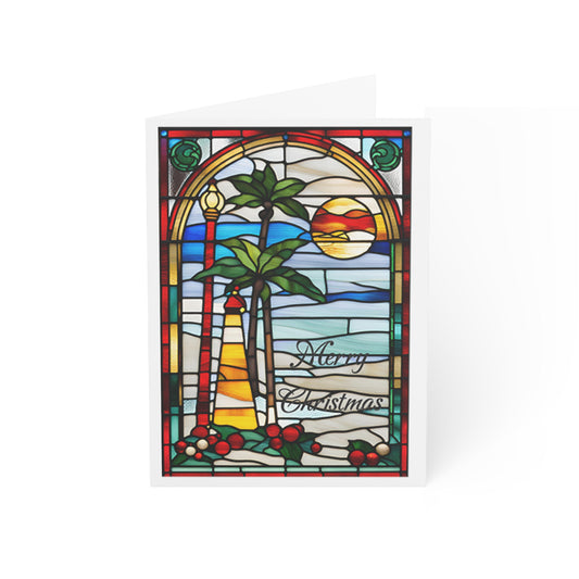 Merry Christmas Florida Lighthouse Holiday Greeting Cards Tiffany Studio Style 10pcs w/ envelopes by ViralDestinations - coated w/ borders