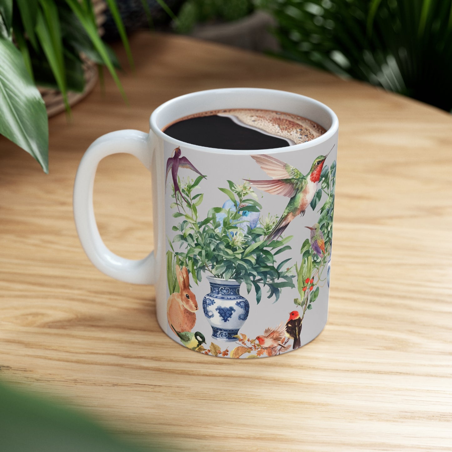 Modern Still Life Scene with Delft Blue Vases, House Plants, Birds and Bunny Ceramic Mug by ViralDestinations™