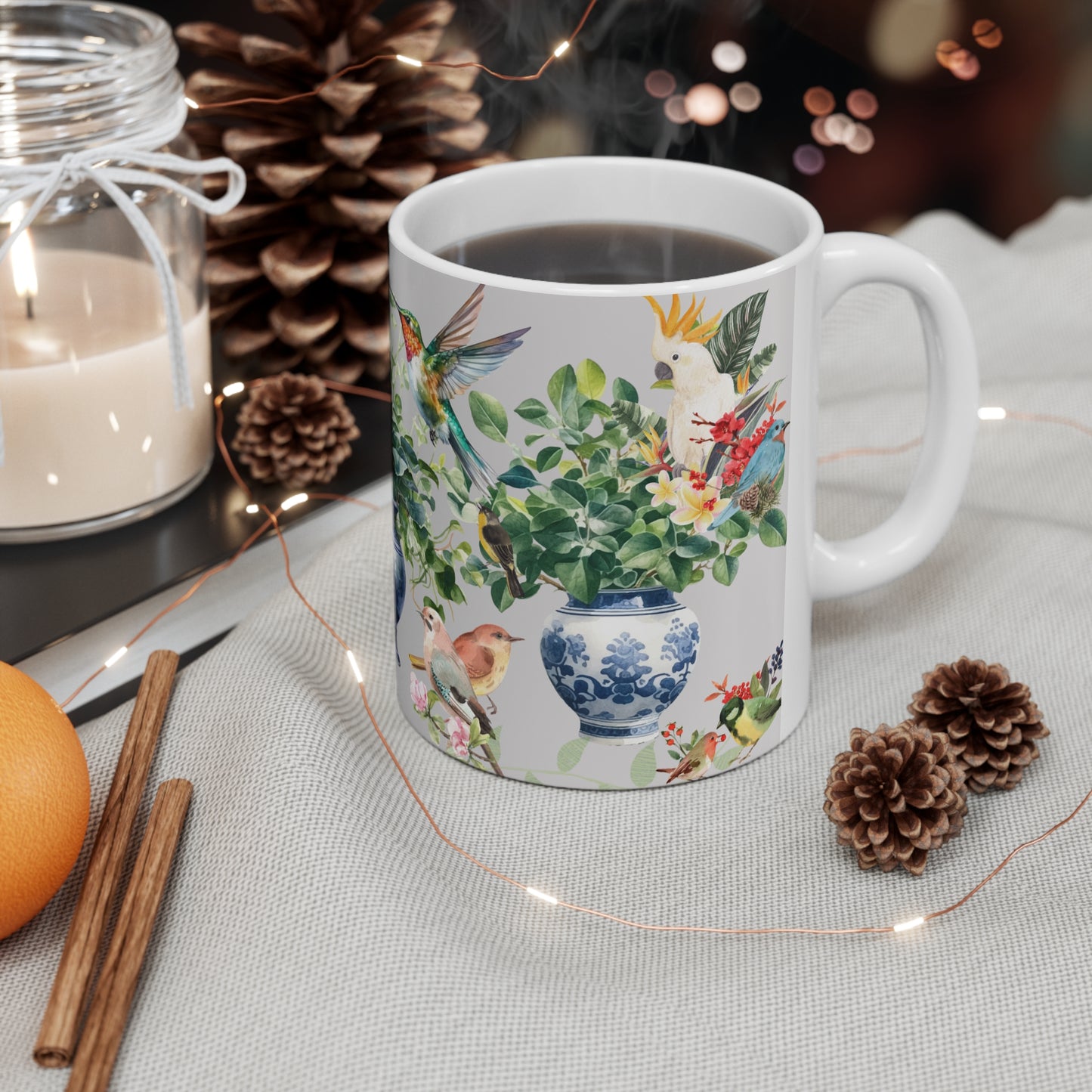 Modern Still Life Scene with Delft Blue Vases, House Plants, Birds and Bunny Ceramic Mug by ViralDestinations™