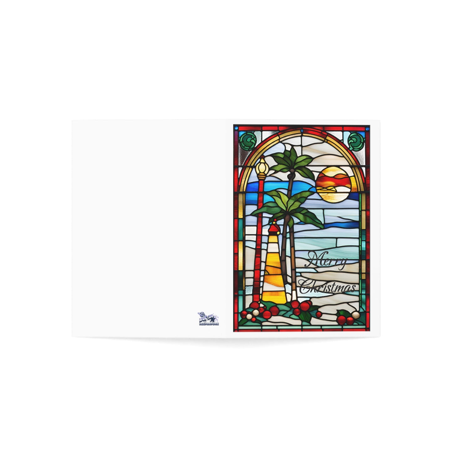 Merry Christmas Florida Lighthouse Holiday Greeting Cards Tiffany Studio Style 10pcs w/ envelopes by ViralDestinations - coated w/ borders
