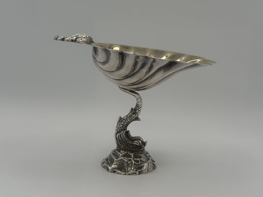 Fine Antique English Silver Master Salt Cellar w/ a dolphin-shaped base and a shell-shaped bowl