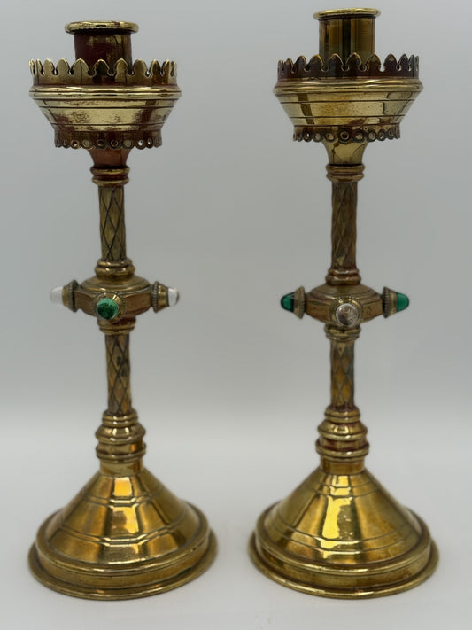 Pair of 1800s English Candlesticks with gems - Unique