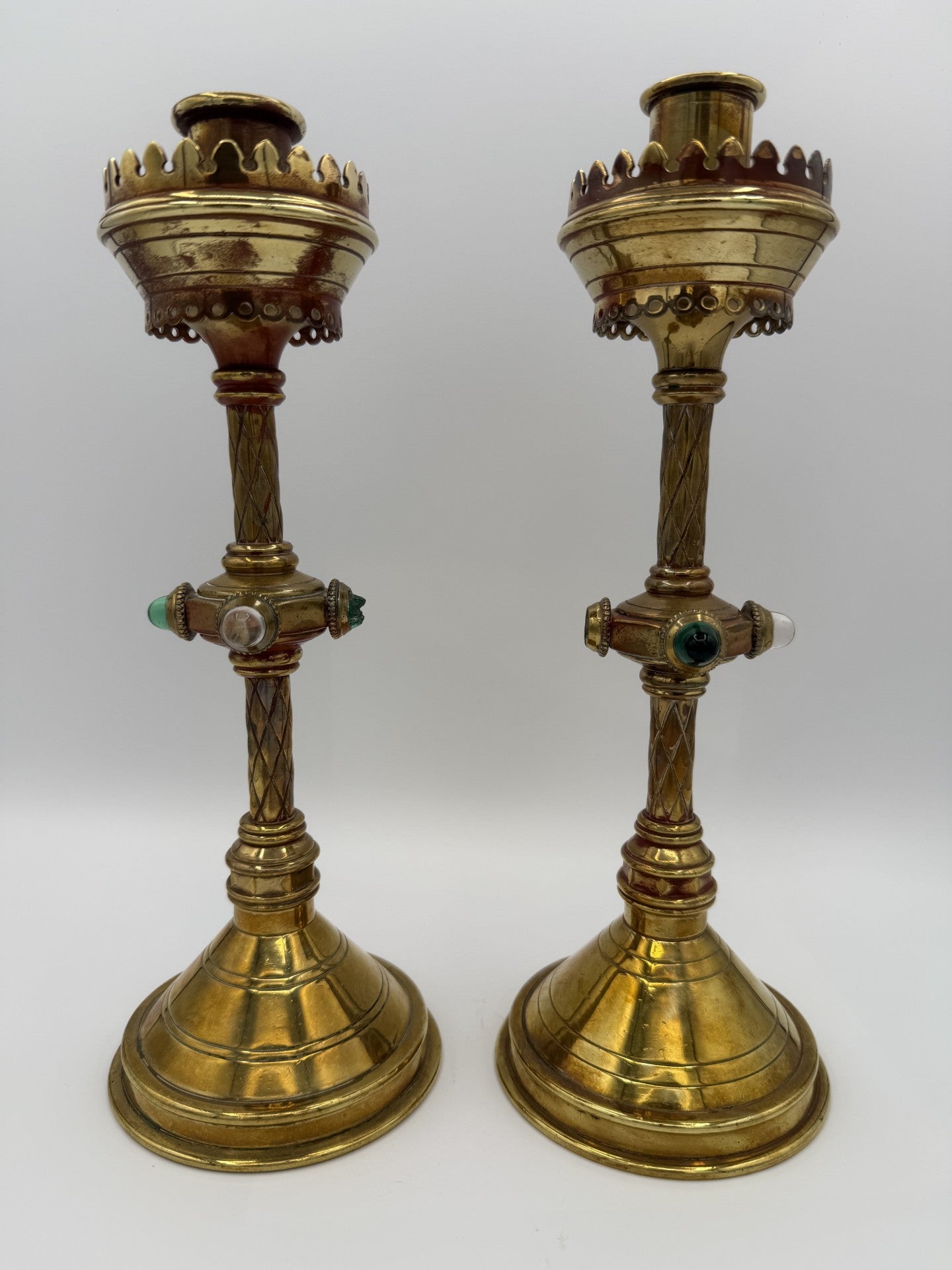 Pair of 1800s English Candlesticks with gems - Unique